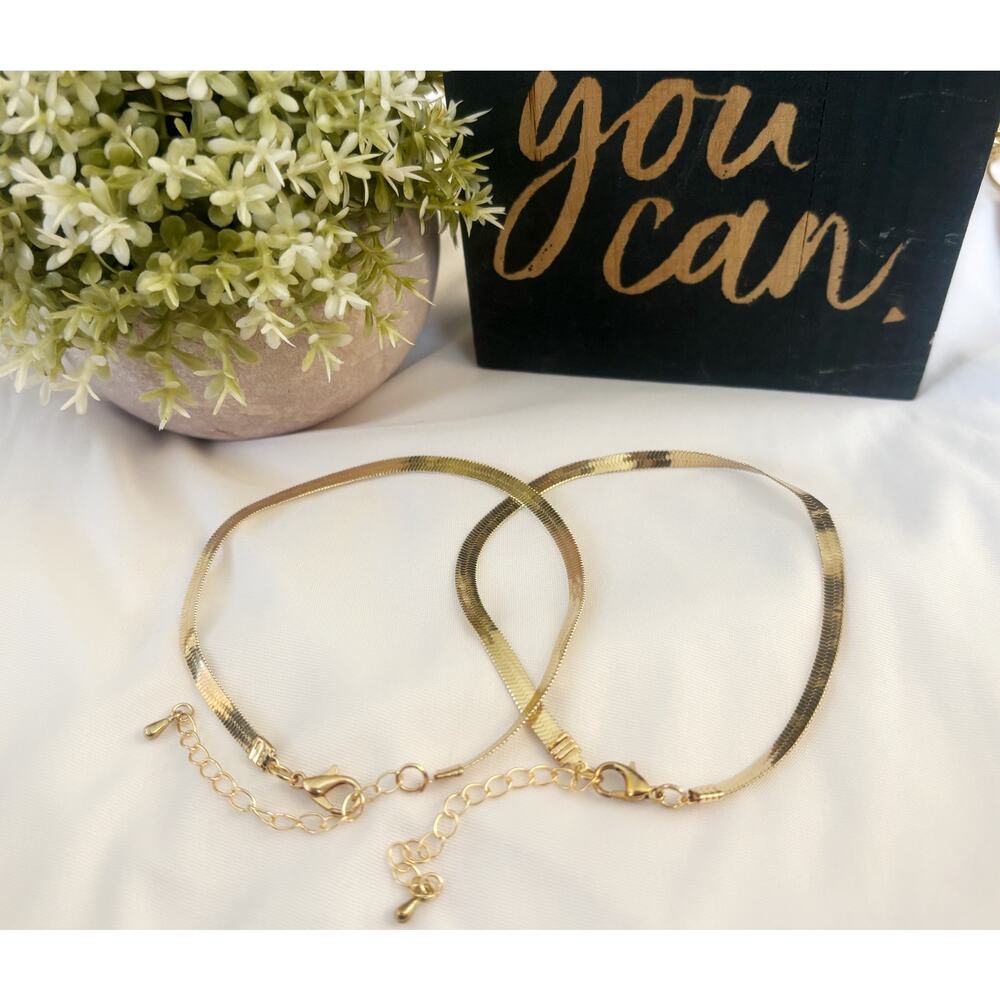 Gold Herringbone Anklet Set – 2 Piece Flat Snake Chain Ankle Bracelets